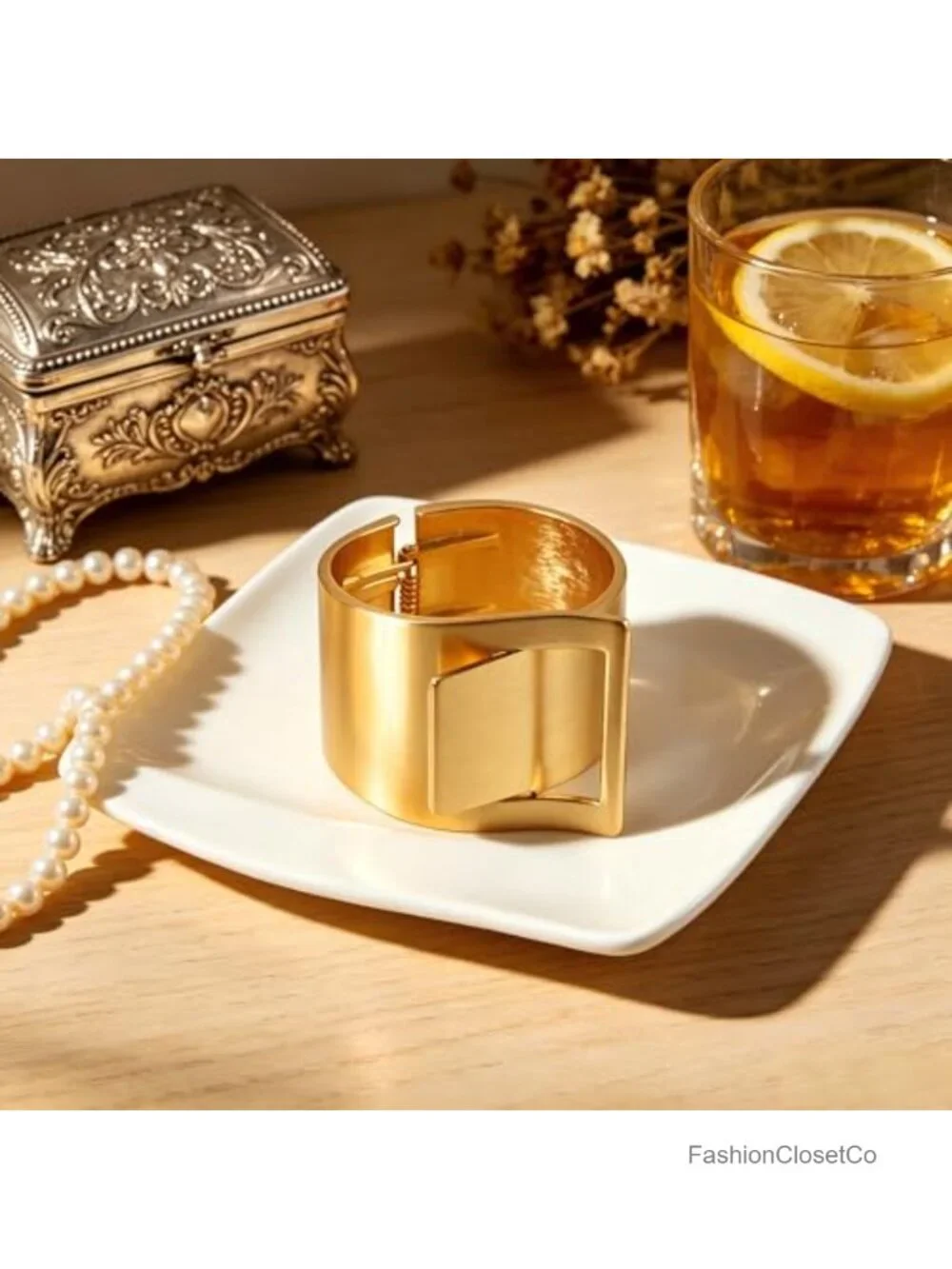 14k Gold Plated Hinged Cuff Bracelet Chunky Geometric Square Buckle